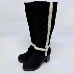 Weeboo Black Faux Suede Knee High Boots White Faux Fur Trim Block Heel Size 7